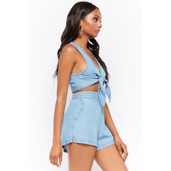 Knotted Chambray Crop Top, Size S - Picture 3 of 4